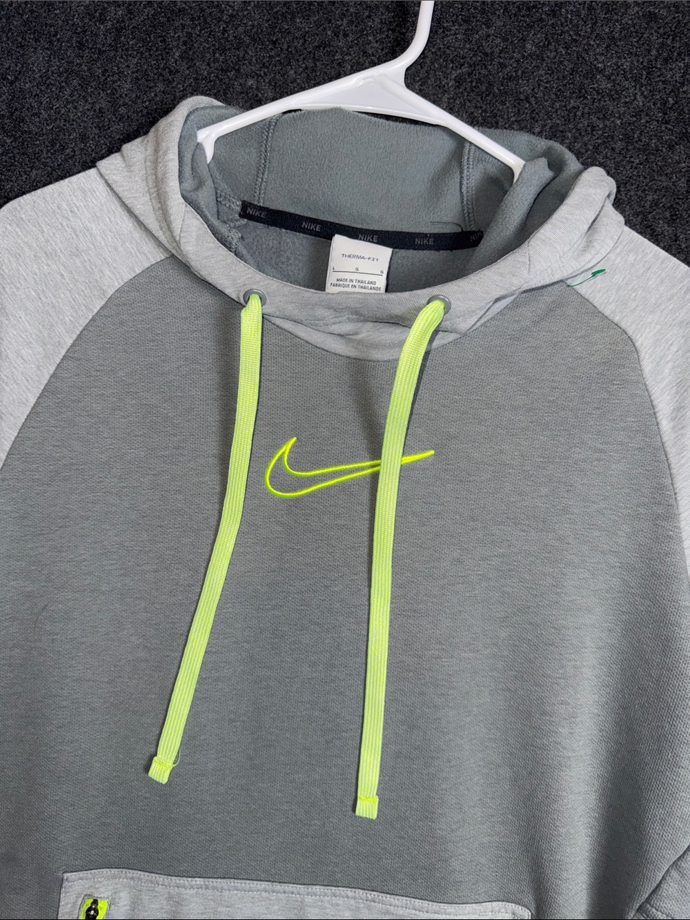 Nike Gray Hoodie with Neon Yellow Swoosh and Drawstrings